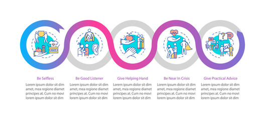Friends relationship vector infographic template. Being selfless presentation design elements. Data visualization with 5 steps. Process timeline chart. Workflow layout with linear icons
