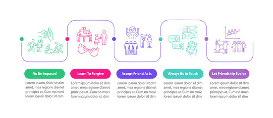 Friendship advices vector infographic template. Accept and support friends presentation design elements. Data visualization with 5 steps. Process timeline chart. Workflow layout with linear icons