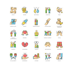 Friendly relationship RGB color icons set. Strong friendship and togetherness. Interpersonal communication, emotional bond symbols. Best friends, buddies isolated vector illustrations