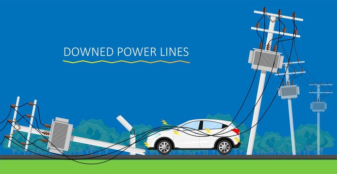 Downed Power Line Car Vehicle Storm Dangerous Lightning Strikes Avoid Down Drive Careful Fall Safe Safety Risk Danger Call 911 Emergency