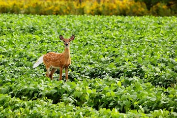 Young white - tailed deer on field. Natural scene from Wisconsin.
