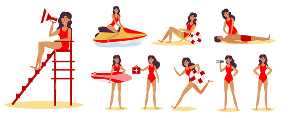 Set of beach lifeguard girl on the beach in different action situations. Vector illustration in flat cartoon style.