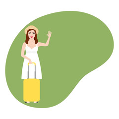 Fashionable European red Girl with freckles in white dress and hat, with suitcase waves her hand. Stock flat illustration on transparent background with empty space for text. Template for tourism