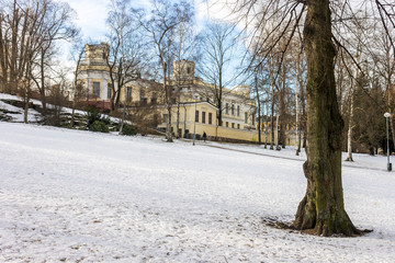 Helsinki, Finland. The Observatory Park (Tahtitorninvuoren puisto - Observatorieberget) in a cold winter day, covered in ice and snow