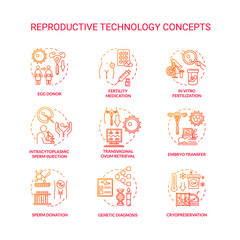 Reproductive technology red concept icons set. In vitro fertilization. Sperm donor, cell donation. Alternative pregnancy idea thin line RGB color illustrations. Vector isolated outline drawings