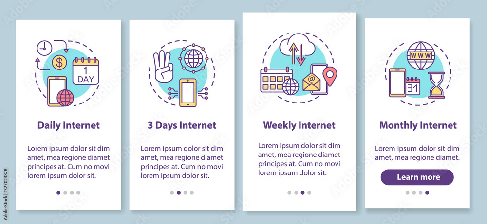 Poster internet tariffs onboarding mobile app page screen with concepts. daily, 3 days, weekly and monthly 