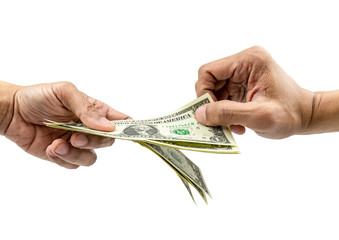 Hand giving dollar or paying illegal money on white background
