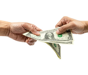 Hand giving dollar or paying illegal money on white background