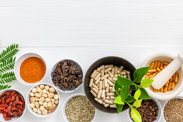 Herbal supplement in capsules with healthy medicinal plant.Alternative drug or natural pharmaceutical capsule.Medication of vitamin supplemental for care and treatment.Top view.