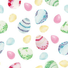 seamless repeat pattern with watercolor Easter eggs, Easter decoration for fabric, wrapping projects, backgrounds, wallpaper, surface pattern design