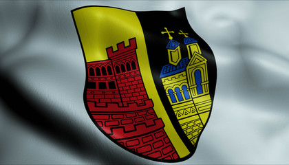 Fototapeta premium 3D Waving Germany City Coat of Arms Flag of Annweiler am Trifels Closeup View