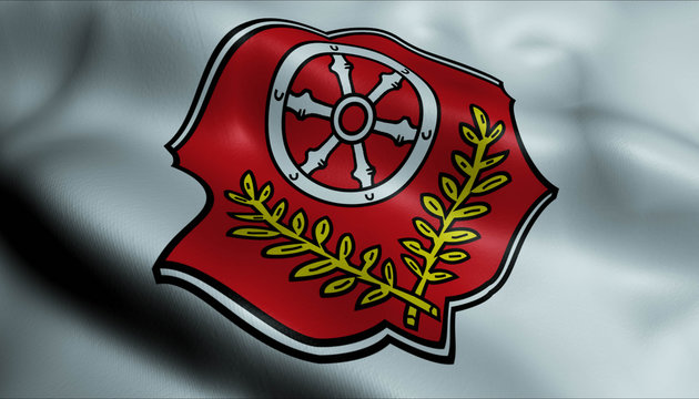3D Waving Germany City Coat of Arms Flag of Alzenau Closeup View