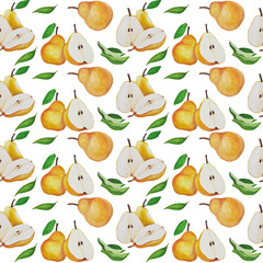  collection. yellow pear. Fruit set. Pattern. Border. Frame. Hand drawing. Delicate fruit drawn and isolated in gouache in the style of realism. Suitable for corporate identity, concentration.