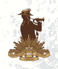 Silhouette of a trumpet soldier and sign of Australian military forces. Anzac day.