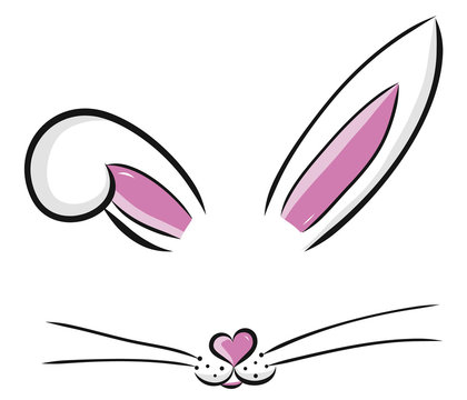 Easter bunny cute vector illustration drawn by hand. Bunny face, ears and tiny muzzle with whiskers isolated on white background