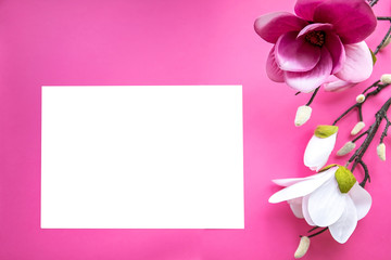 Card for International Women's Day and beautiful flowers on pink background