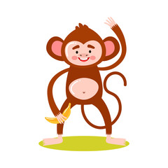 Happy monkey holding banana fruit and smiling vector illustration