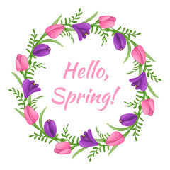 A composition of flowers and leaves arranged in a circle with the inscription 