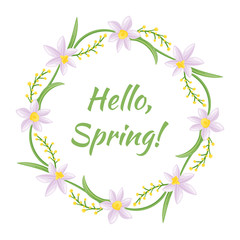 A composition of flowers and leaves arranged in a circle with the inscription 