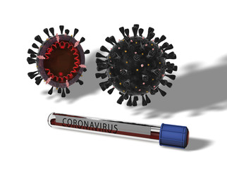 Coronavirus isolato su fondo bianco e provetta, immagine 3D, illustrazione