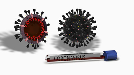 Coronavirus isolato su fondo bianco con dettagli interni e provetta, immagine 3D, illustrazione