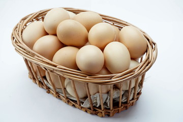 Basket with eggs isolated on a light background