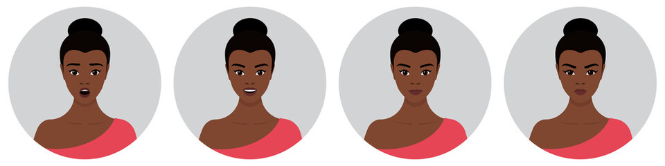 A set of four round female avatars with different emotions: joy, happiness, surprise, anger. Young African girl with black hair. Vector flat stock illustration on a transparent background