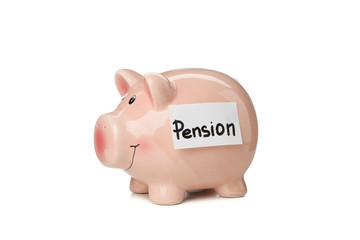 Piggy bank with inscription Pension isolated on white background