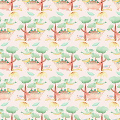 orange dino and birds, seamless pattern