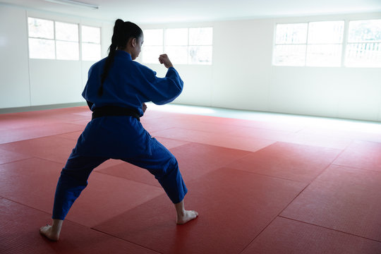 karateka striking a pose in a gym