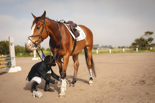 Man preparing his horse before dressage horse jumping event