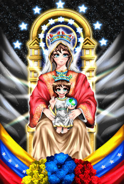 Virgin Mary of Coromoto, patron saint of Venezuela, anime style.