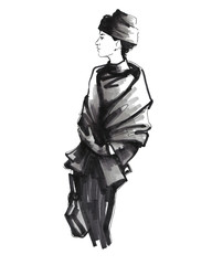 Vintage retro fashion illustration. girl in new look style. Coat, hat, black silhouette. Ink. Black graphics, silhouette of a woman in retro clothes.