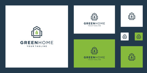 Green House Logo Real Estate Template. minimalist outline symbol for environmentally friendly buildings.