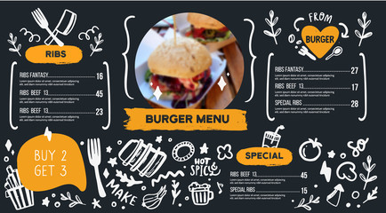 Burger menu with doodle icons and burger photo, food background, chackboard cafe design, grill brochure, cooking flyer - obrazy, fototapety, plakaty