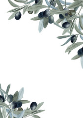 Watercolor hand drawn frame with olive branches with green and black fruit on trendy earthy hue isolated on white background. Template with copy space good for summer design.
