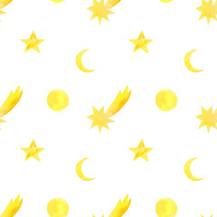 Fototapeta na wymiar Watercolor hand drawn yellow stars, moon and comets seamless pattern isolated on white background. Outer space print for textile, wallpaper, wrapping paper, background, design etc.