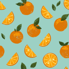 Cute bright retro orange citrus seamless tiling wallpaper pattern with blue background