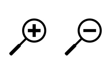 Zoom In and Out magnifier glass icons, symbols. Vector illustration on white background. 