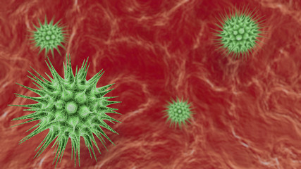 Corona virus. Viruses under microscope.Human immune system virus moving across screen. Bacteria virus or germs microorganism cells under microscope. 3d render microbe. Seamless loop. 3d rendering.