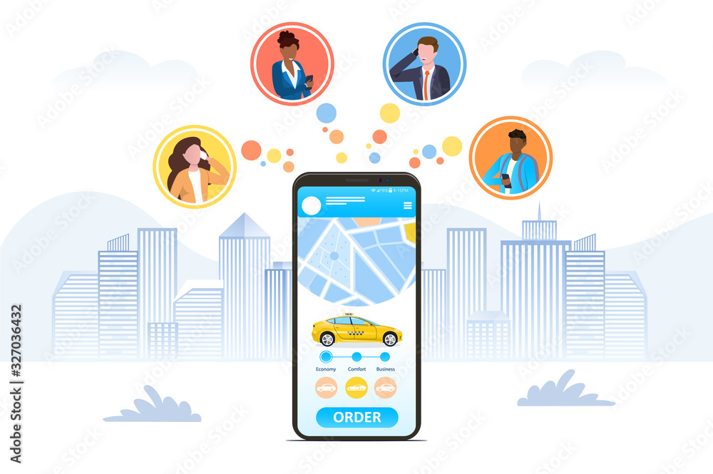 Poster ordering a taxi online using a hailing app depicted on a mobile phone screen with icons for four bus