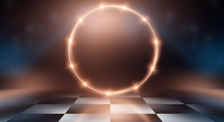 Abstract futuristic scene. Golden background with rays and lines. Dark scene. Neon light, reflection.