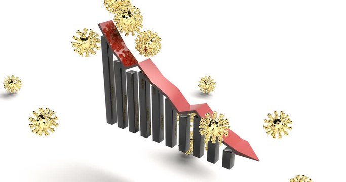 Gold flu particles falling on red chart. Coronavirus outbreak. Stock illustration. Losing money. 4k