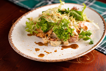 a salad closeup on a white plate. 