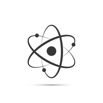 Atom icon in flat design. Gray molecule symbol or atom symbol isolated. Vector illustration