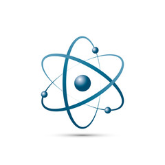 Atom icon in flat design. Blue molecule symbol or atom symbol isolated. Vector illustration - obrazy, fototapety, plakaty