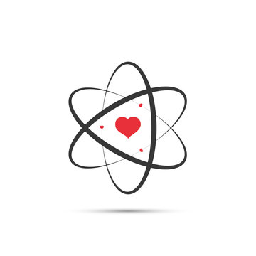 Atom with electrons in heart shape in flat design. Vector illustration. Symbol of the molecule or atom, isolated.