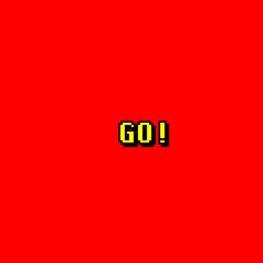 A cute 8-bit style message from a fake retro videogame: go! Pixelated yellow text over a red background.