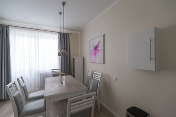 Interior. Kitchen modern, white, gray, beige color