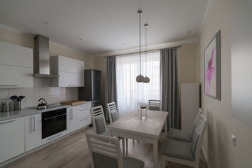 Interior. Kitchen modern, white, gray, beige color